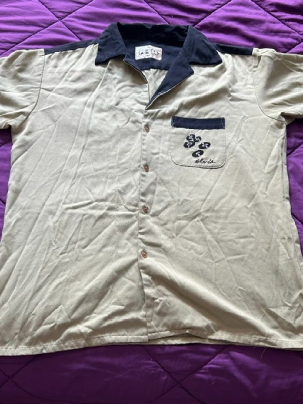 Vintage Elvis Graceland PS USA Button Down Shirt - Mens Beige/Black